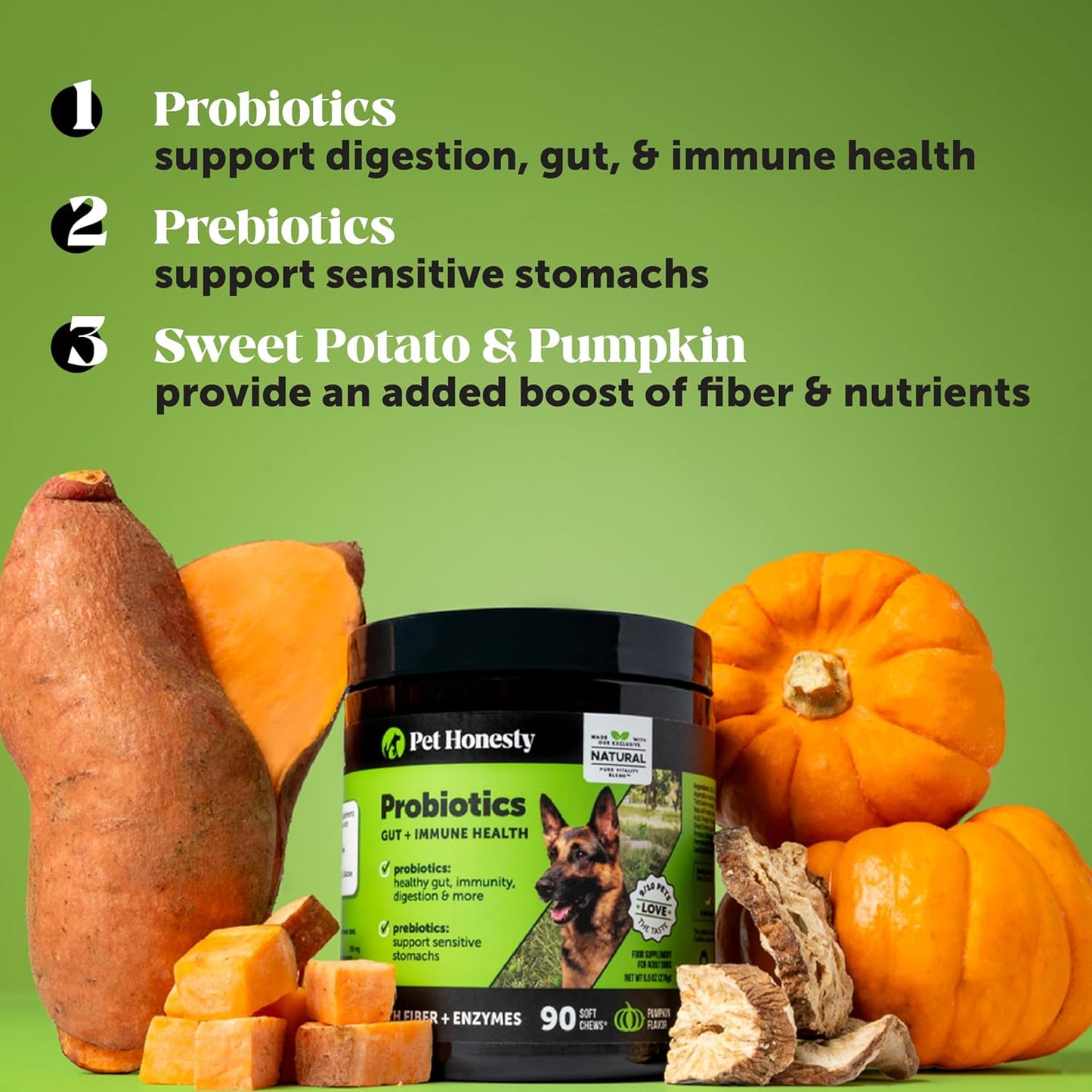 Probiotics for Dogs - Digestive Enzymes Promotes Gut Health, Dog Probiotics for Bowel Support, Fiber for Regularity, Prebiotics for Immune Health & Gut Flora (Duck, 90 Ct)
