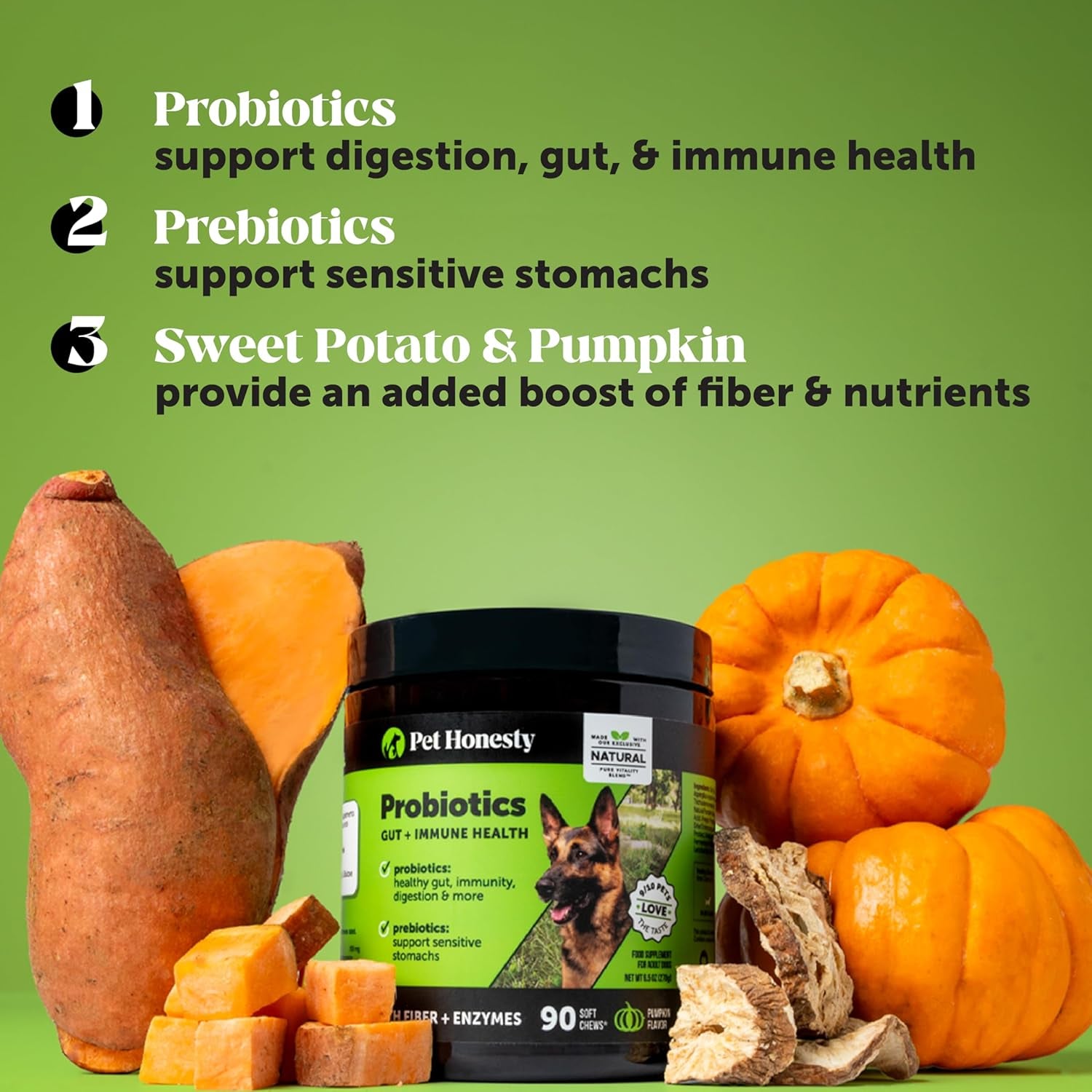 Probiotics for Dogs - Digestive Enzymes Promotes Gut Health, Dog Probiotics for Bowel Support, Fiber for Regularity, Prebiotics for Immune Health & Gut Flora (Duck, 90 Ct)