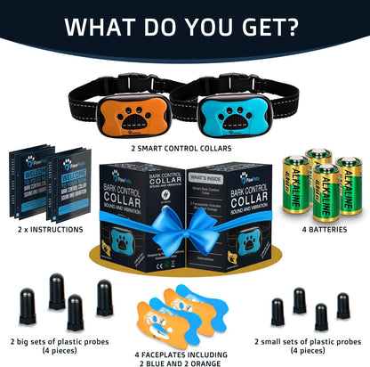 Anti Bark Collar - No Shock Training Dog Collar - Humane with Vibration and Sound Barking Collar for Small Medium Large Dogs 5-100Lbs - 2 Pack Blue Orange (Battery)
