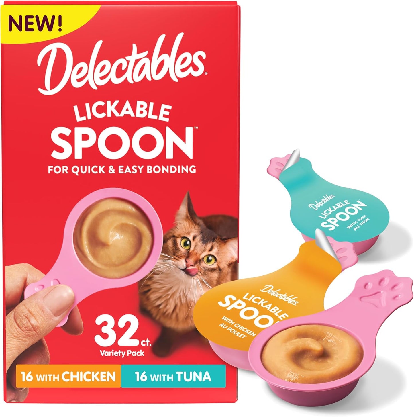 Delectables Lickable Spoon Handheld Wet Cat Treats Made with Real Chicken & Tuna, Creamy Puree, Mess Free, Quick & Easy, Grain-Free, No Added Fillers, No Added Preservatives, Variety Pack, 32Ct