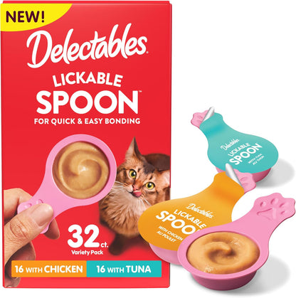 Delectables Lickable Spoon Handheld Wet Cat Treats Made with Real Chicken & Tuna, Creamy Puree, Mess Free, Quick & Easy, Grain-Free, No Added Fillers, No Added Preservatives, Variety Pack, 32Ct