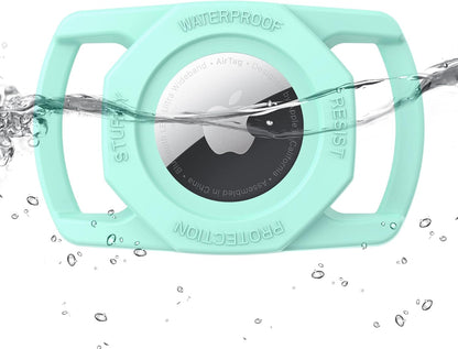 Turquoise AirTag case with 'Waterproof' text being submerged in water