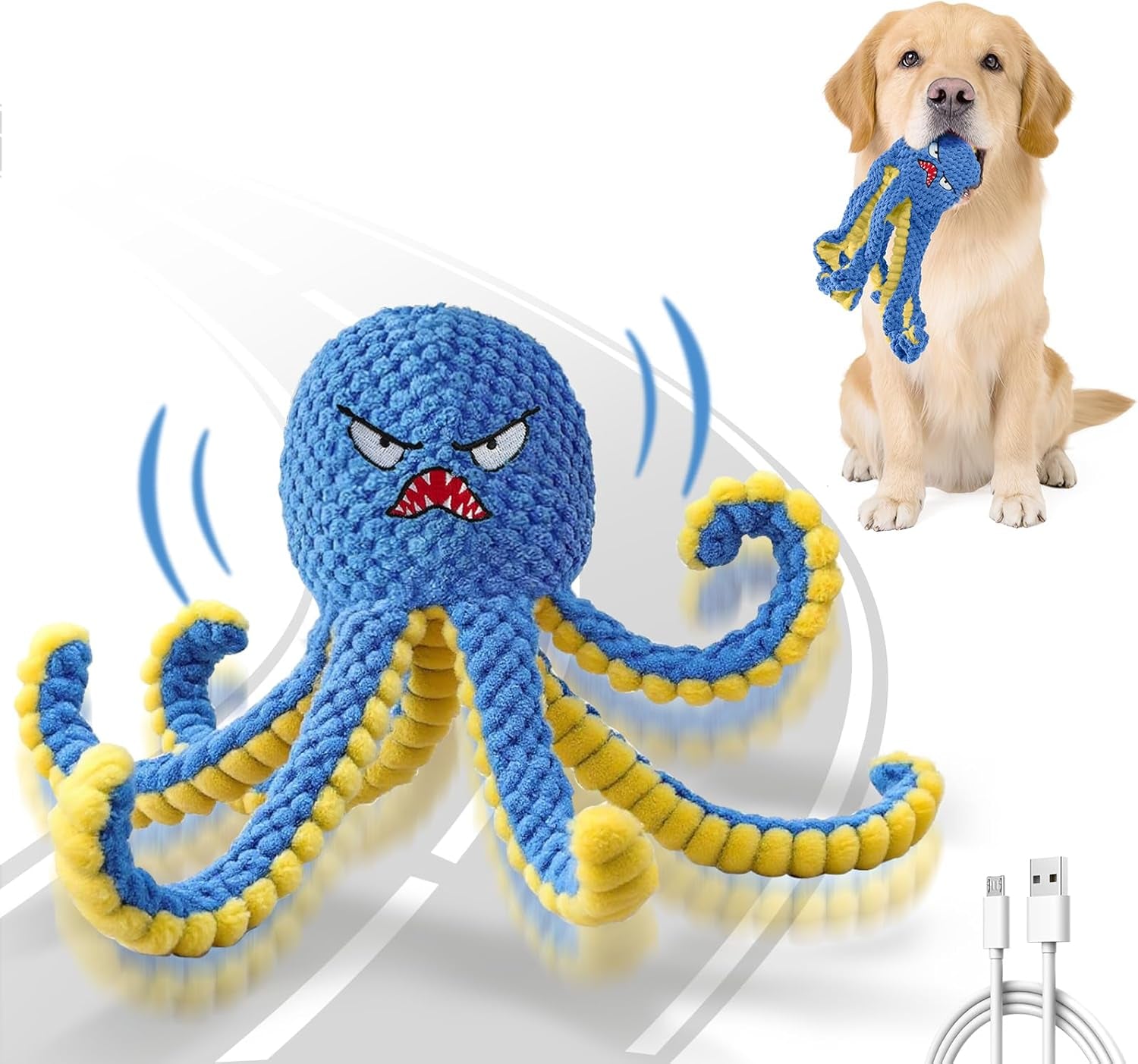 The CrazyKraken Tug Toy  - Interactive Dog Toys Octopus,Durable Automatic Jumping Dog Toy ,Squeaky Moving Tug of War Doggie Toy,Usb Rechargeable