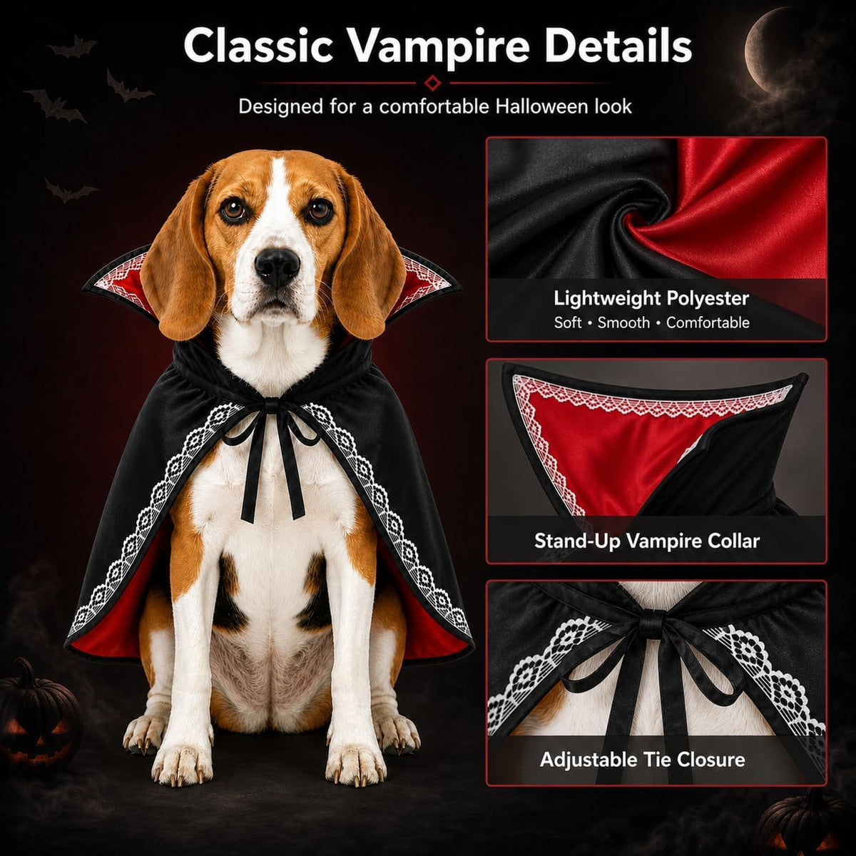 Count Barkula Halloween Vampire Cape Costume for Dogs with Stand-Up Collar, Lace Trim and Adjustable Tie