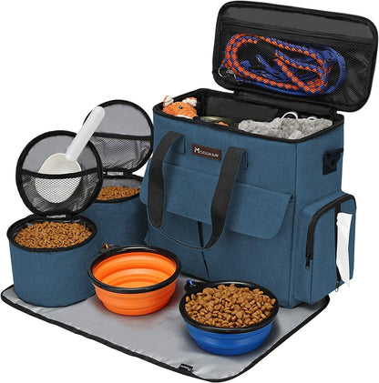 Complete pet travel kit with airline approved bag food containers and collapsible bowls

