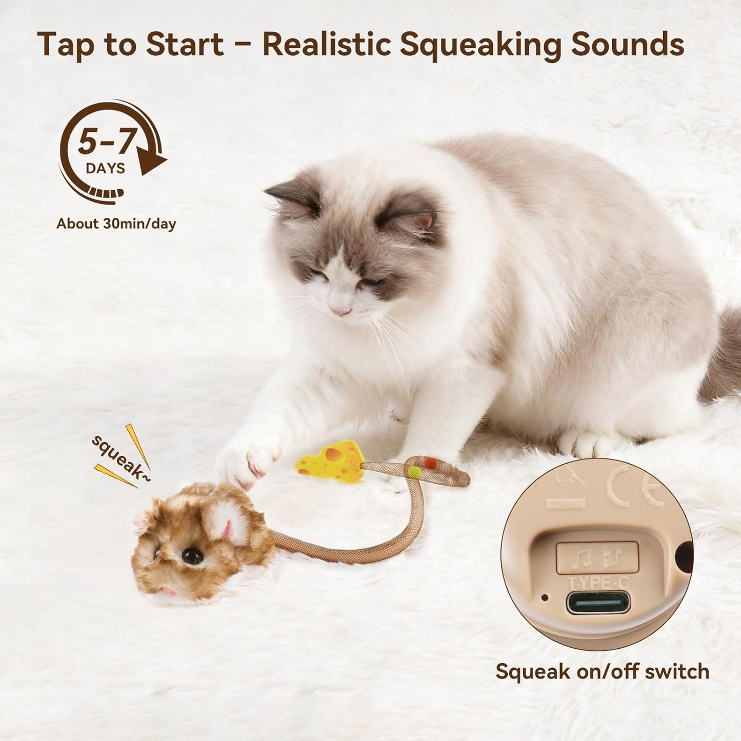 IWhiskerWhirl Smart Mouse Interactive Cat Toy  - (Rechargeable, Motion Sensor, 360° Rolling & Squeak)
