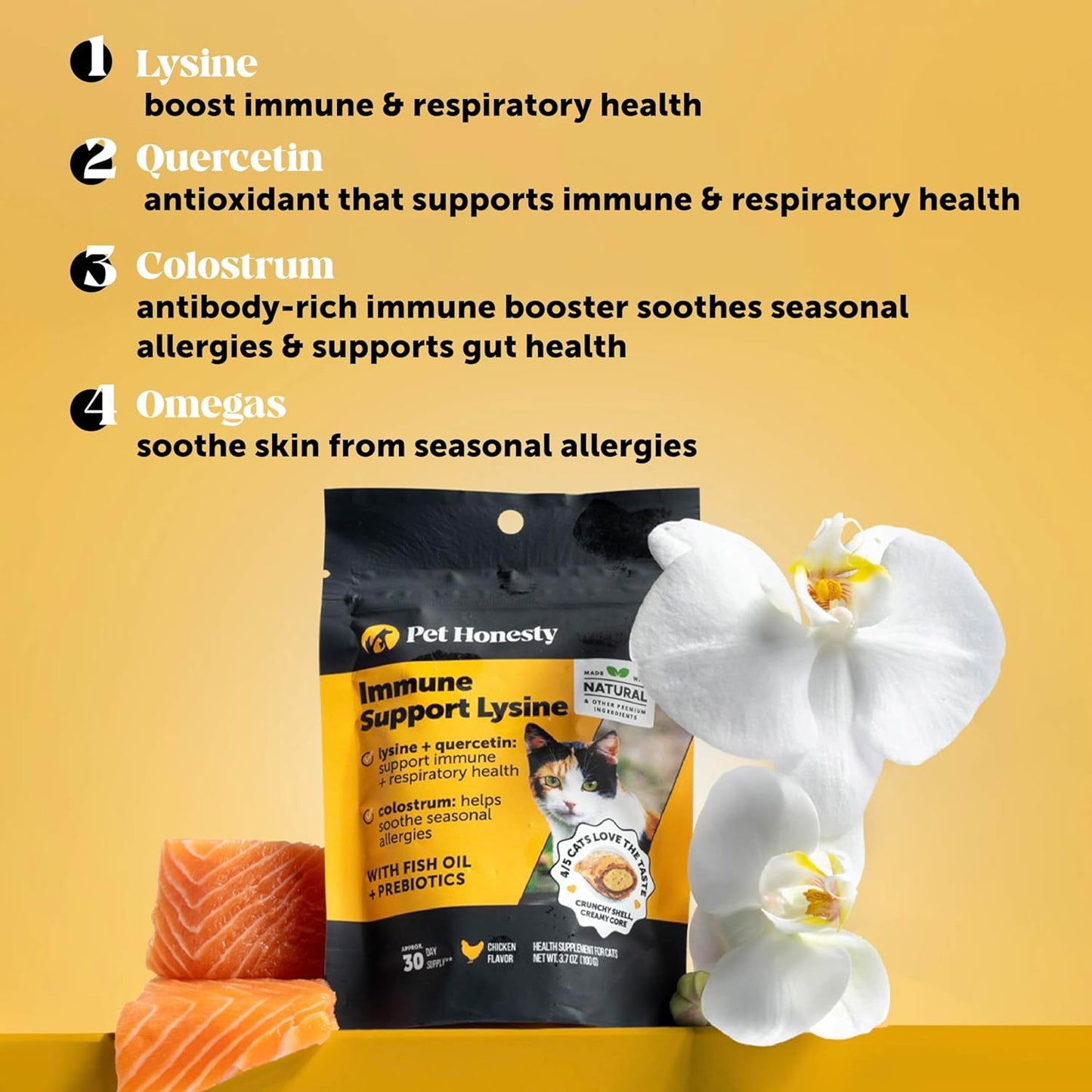 Cat Immune Support Lysine – Allergy Relief & Immune Health Supplement for Cats with L-Lysine, Colostrum, Quercetin & Omega-3 – Soothes Sneezing, Runny Nose & Itchy Skin Chicken, (30-Day Supply)