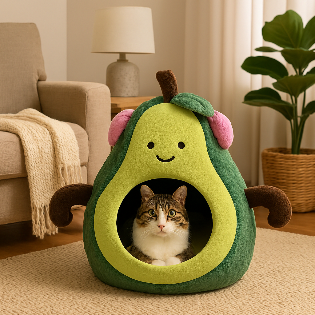 Cat inside an avocado-shaped pet bed in a cozy living room.