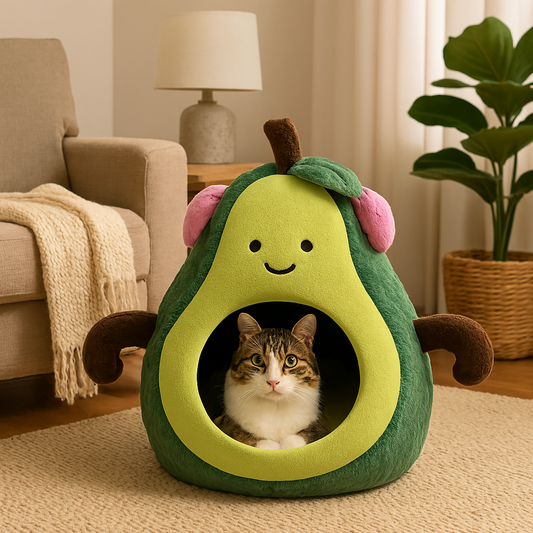 Cat inside an avocado-shaped pet bed in a cozy living room.
