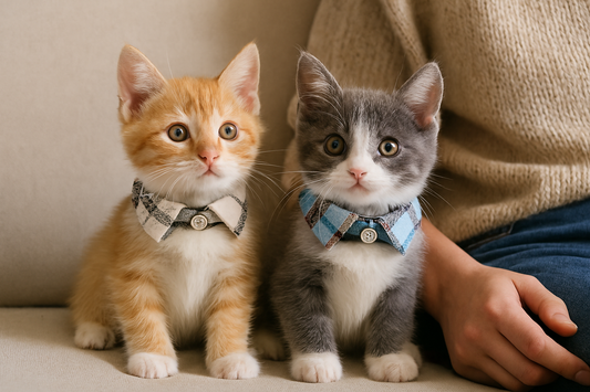 Two kittens, one orange and white, and one gray and white, wearing collars, sitting on a person's lap.