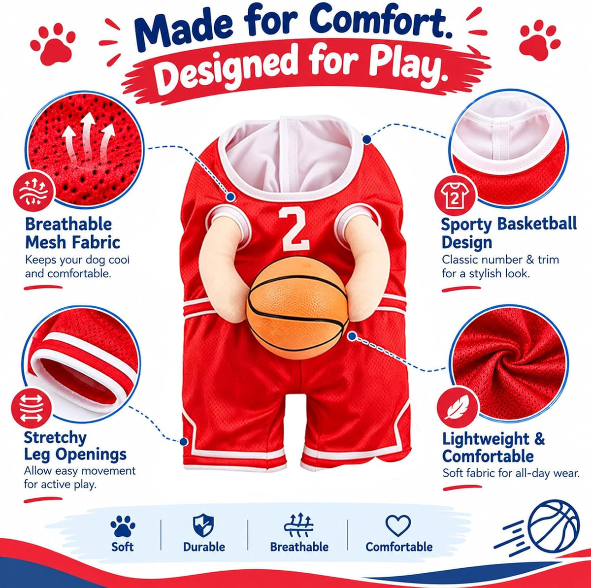 Captain Bouncy Paws Basketball Star Halloween Costume for Dogs with Ball 