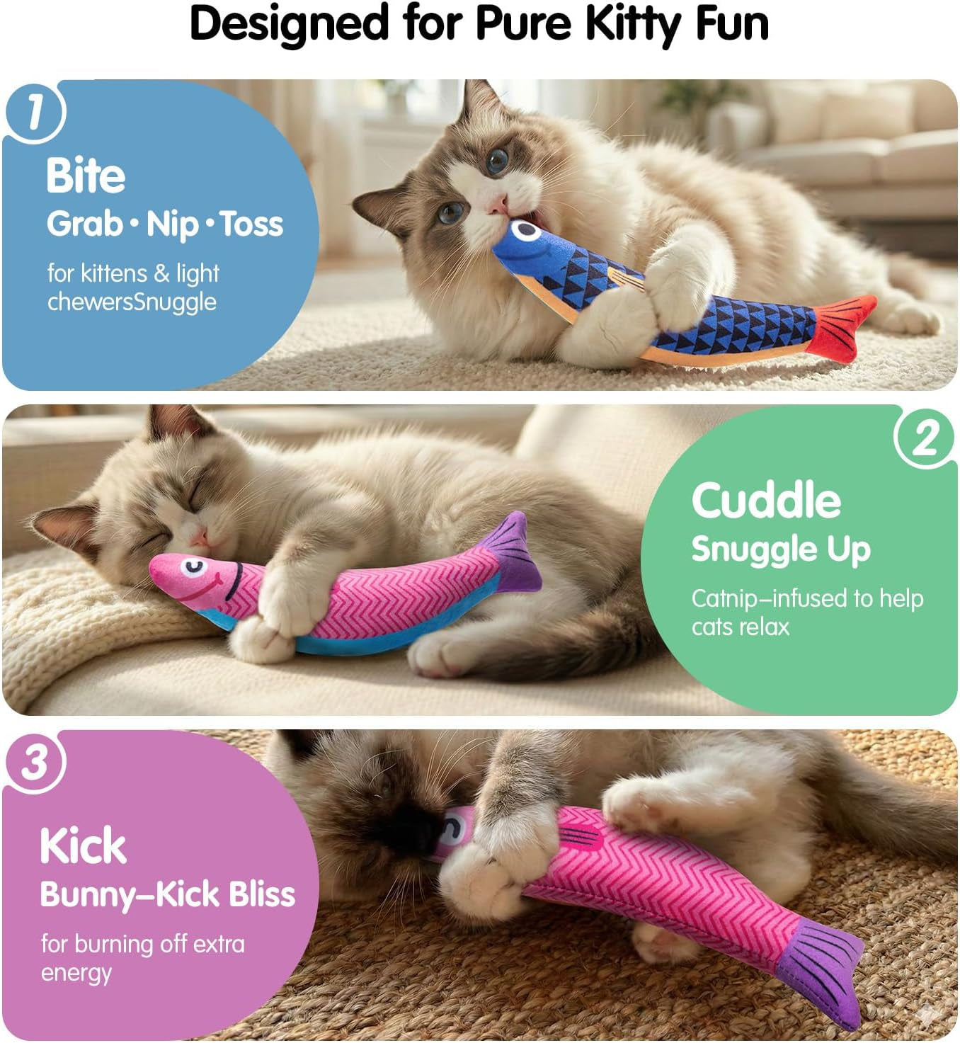 The CrinkleFin Kick Toy - Cat Toys With [5000Mg A+Natural Catnip &Silvervine] [Baby Grade] Soft Chew Kicker Cat Toys for Indoor Cats & Kittens