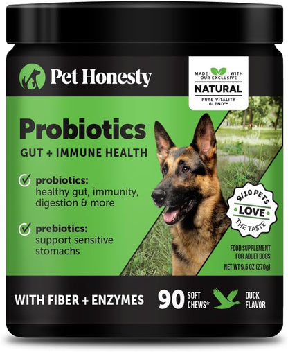 Probiotics for Dogs - Digestive Enzymes Promotes Gut Health, Dog Probiotics for Bowel Support, Fiber for Regularity, Prebiotics for Immune Health & Gut Flora (Duck, 90 Ct)