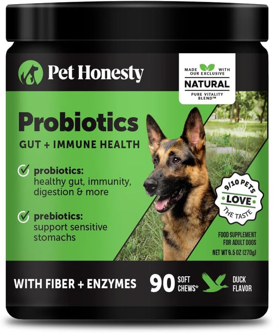 Probiotics for Dogs - Digestive Enzymes Promotes Gut Health, Dog Probiotics for Bowel Support, Fiber for Regularity, Prebiotics for Immune Health & Gut Flora (Duck, 90 Ct)