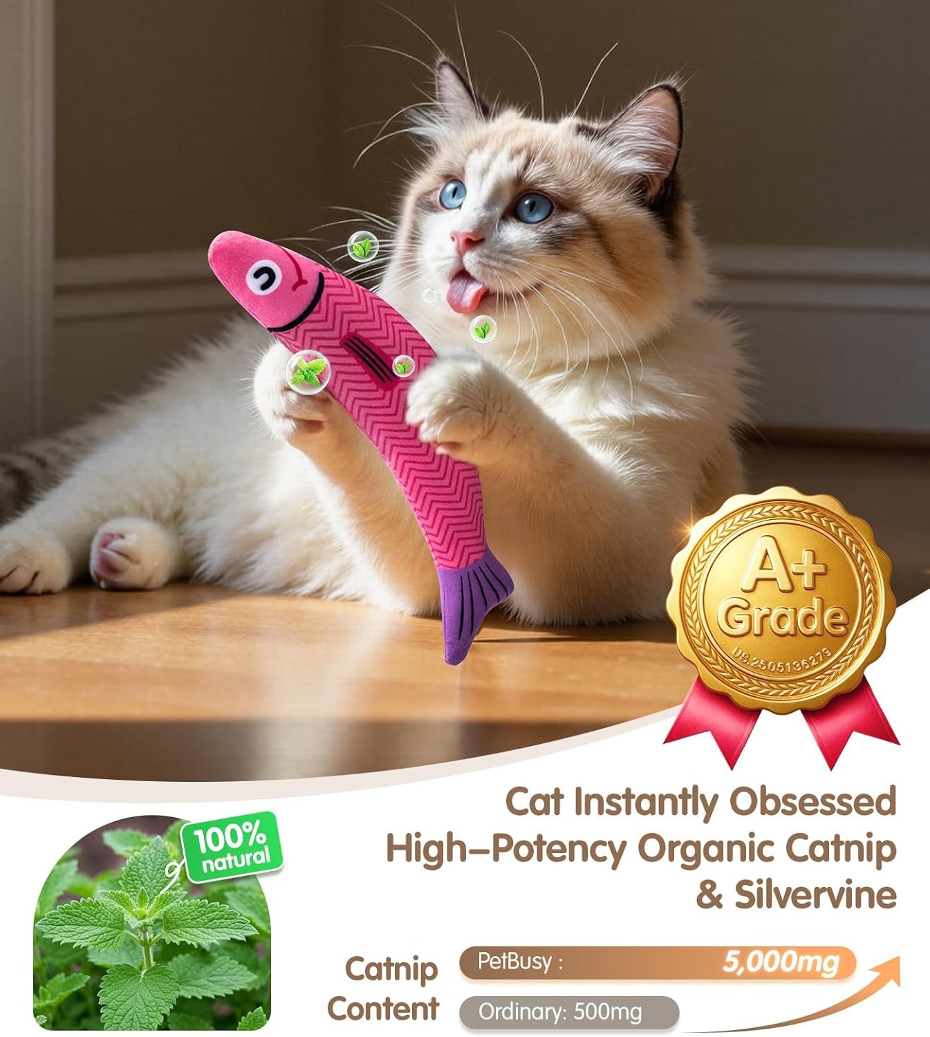 The CrinkleFin Kick Toy - Cat Toys With [5000Mg A+Natural Catnip &Silvervine] [Baby Grade] Soft Chew Kicker Cat Toys for Indoor Cats & Kittens