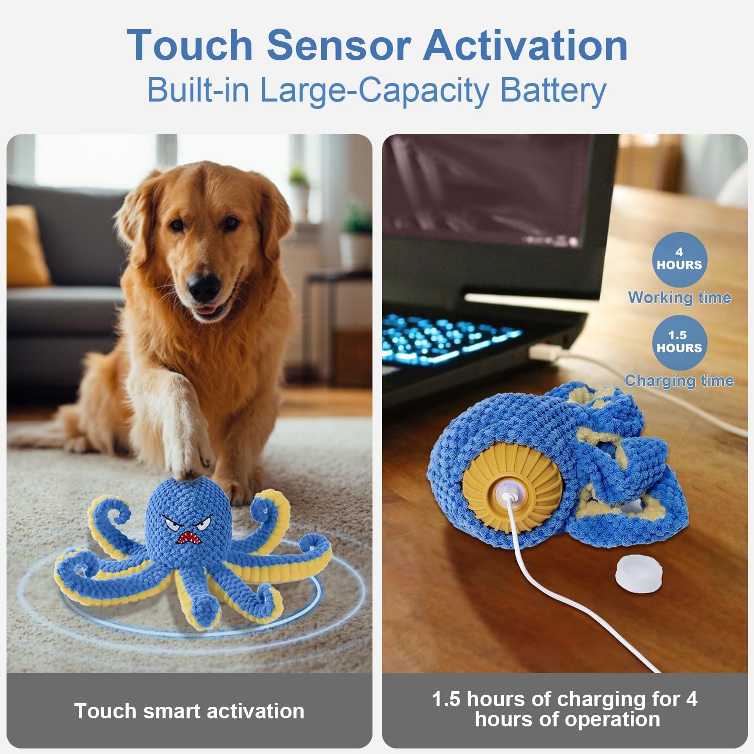 The CrazyKraken Tug Toy  - Interactive Dog Toys Octopus,Durable Automatic Jumping Dog Toy ,Squeaky Moving Tug of War Doggie Toy,Usb Rechargeable